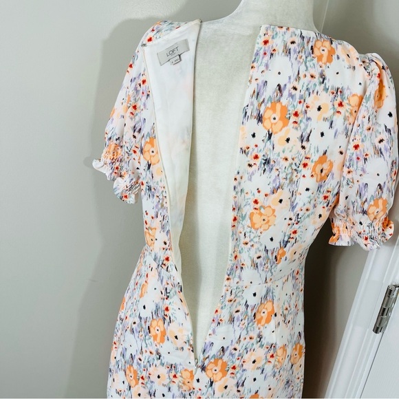 LOFT White with Orange & Blue Floral V-Neck Puff Sleeve Fit & Flare Dress - 6 - Picture 13 of 13